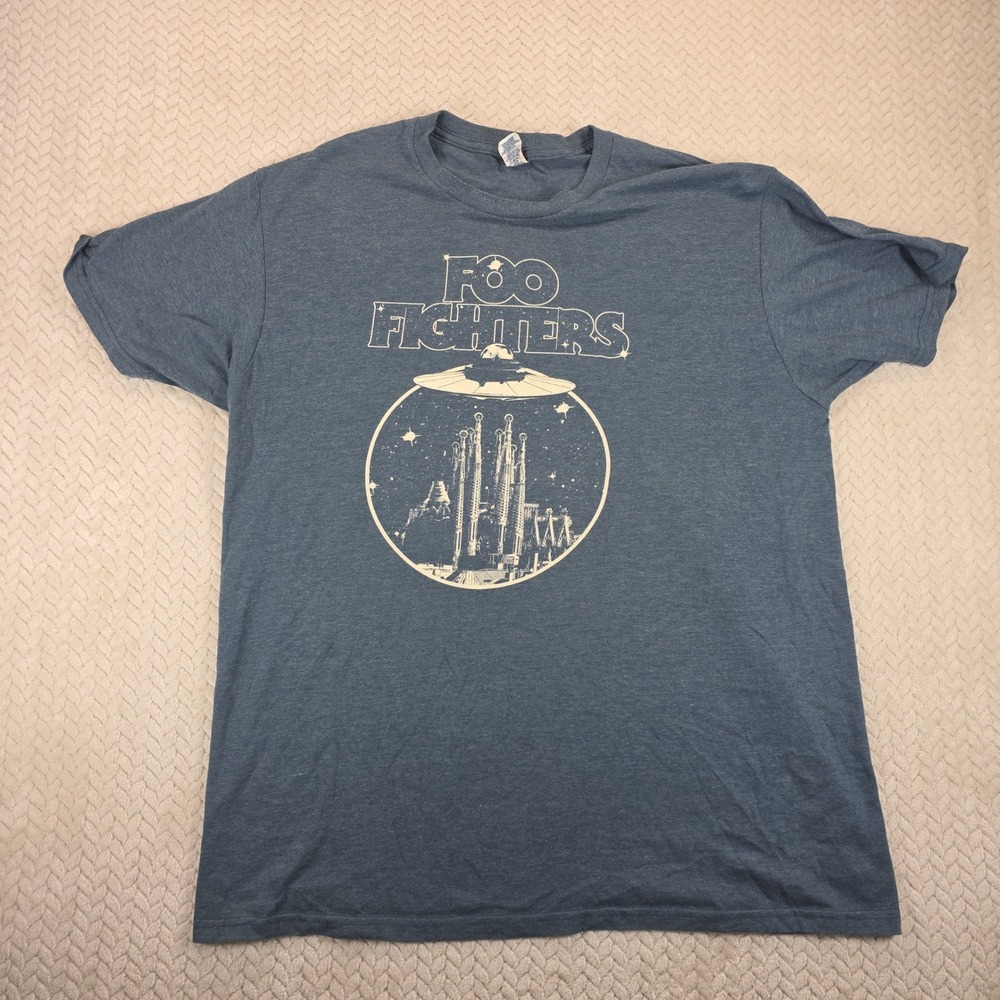 Vintage 2008 Foo Fighters Optima Graphic T-Shirt Blue UFO Sagrada Familia XL